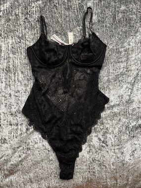 Victoria's Secret Black Lace Bodysuit with Sheer Trim